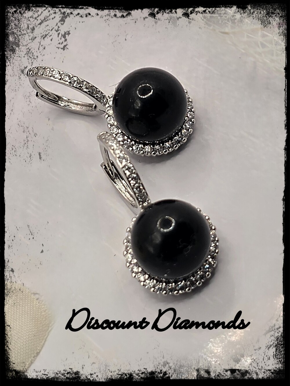 Black Faux Pearl Earrings with  White Baguette Diamonds 925 Silver